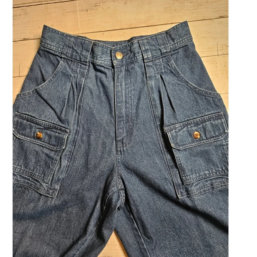 Cabelas Hiker Vintage High Waisted Cargo Jeans Wide Leg Denim Blue Pleated Sz 10